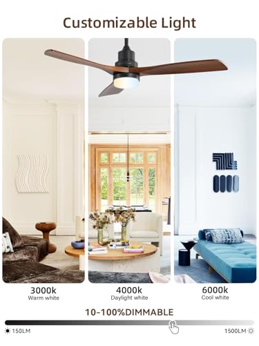 Image of Sofucor 52 Inch Wood Ceiling Fans with Lights and Remote, Indoor /Outdoor | Modern, 3 Blade, Quiet Reversible DC Motor, 3CCT Dimmable, 6 Speeds, Timer, Bedroom /Living Room /Farmhouse /Patio /Porch, Brown