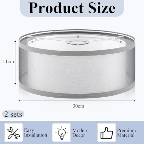 Weewooday 2 Pack Grey Lampshade for Ceiling 2 Tier Light Shade Ceiling 30cm Modern Stylish Lampshade for Lights Gauze Fabric Table Floor Lamps Light Shade for Living Rooms Kitchen - Image 2