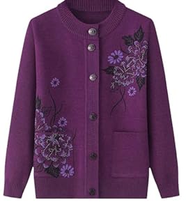 Cardigan Classique Imprimé Strass pour Dames Senior Cardigan Tricoté D'âge Moyen Et Âgé Vieille Dame Haut Occasionnel Grand Mère Porter Manteau Printemps Automne Mère Porter Pull Chaud,Violet,XL