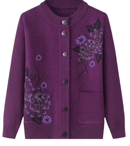 Cardigan Classique Imprimé Strass pour Dames Senior Cardigan Tricoté D'âge Moyen Et Âgé Vieille Dame Haut Occasionnel Grand Mère Porter Manteau Printemps Automne Mère Porter Pull Chaud,Violet,XL