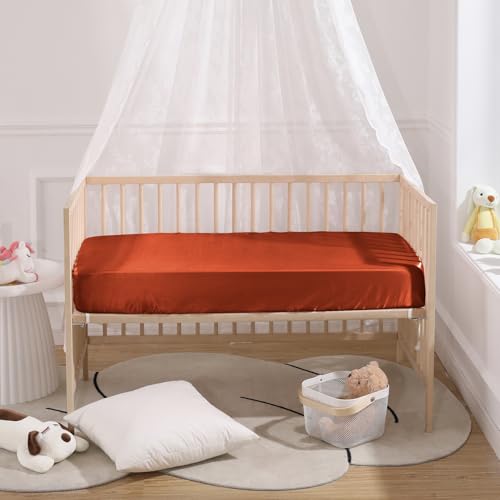Image of SiinvdaBZX 2 Pcs Satin Crib Sheets for Baby Hair, Rust Orange & Beige | 52 x 28 Inch Silk-Like Soft Fitted Crib Sheets Baby Mattress Sheets for Standard Crib, Toddler Mattress, with 8 Inch Pocket