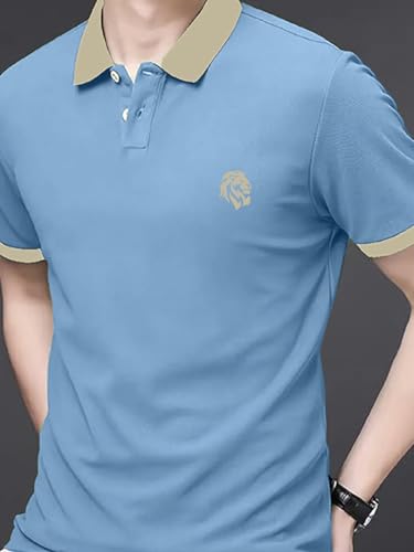 Image of LEOTUDE Men Solid Sky Blue Polo T-Shirt Material Matty