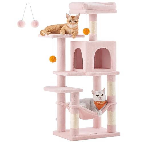Feandrea Albero per Gatti Alto 112 cm, Tiragraffi per Gatti, con 4 Pali Graffiatoi, 2 Posatoi, 1 Grotta, 1 Amaca, 2 Pompon, in Peluche a Più Livelli, Rosa Pastello PCT261P01