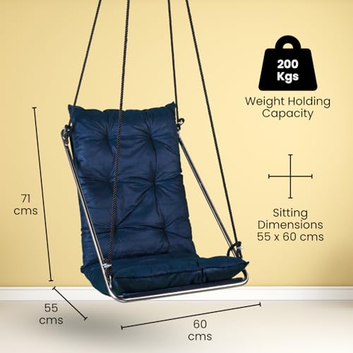 Image of Premium Hanging Swing Chair for Adults | Luxury Cotton Hammock Swing with Stainless Steel Frame for Balcony, Garden & Indoor Living Room | Heavy Duty Outdoor Patio Swing by Curio Centre (Blue)