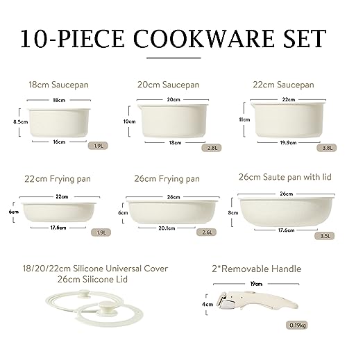 CAROTE 10PCS Non Stick Pots and Pans Set, Detachable Handle Induction Hob Pans Set, Cookware Set with Removable Handle, Stackable RV Cookware Oven Safe - Image 3
