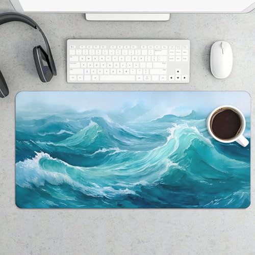 Image of Blue Beach Ocean Extended Gaming Mouse Pad, with Stitched Edges Large Mouse Pad Desk Protector, Rubber Base Mousepad Keyboard Mouses Mat for Work Game Office Home- 32 inch X 16 inch Inch