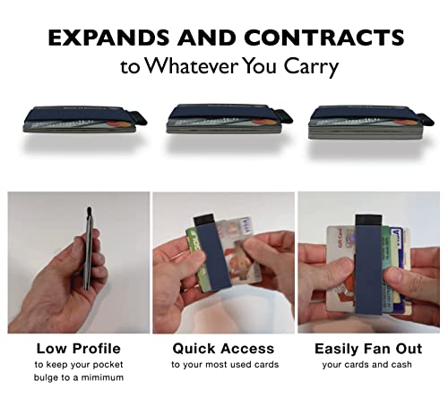 Image of Modern Carry Quick Draw Minimalist Wallet for Men & Women, Elastic Band Minimal Credit Card Holder with Leather Tab, Card Grabber for Long Nails, Money Clip Alternative (Black) (Navy Blue)