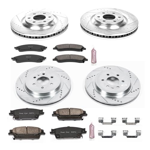 Image of PowerStop Front and Rear Brake Kit for Cadillac SRX 2004-09 - Drilled and Slotted Disc Rotors with Carbon-Fiber Ceramic Brake Pads Replacement, K4014