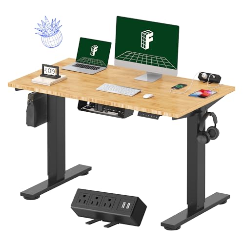 Image of FLEXISPOT EN2 Whole-Piece Bamboo Standing Desk with Clamp Power Strip, 48 x 24'' Electric Stand Up Height Adjustable Desk with Cable Management (Black Frame + 48 inch Bamboo Top, 2 Packages)