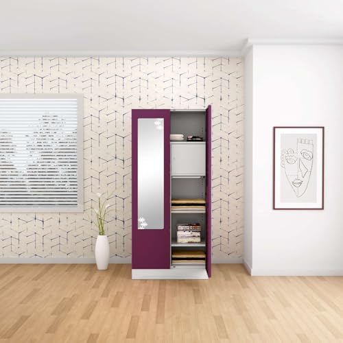 Image of Interio by Godrej Almirah Slimline 2-Door Steel Almirah, Cupboard for Clothes (Purple), 1-Year Warranty, 4 Shelves, 1 Drawer, 1 Locker, Star Design Mirror