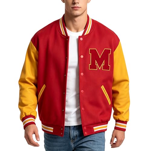 RAOENJADO MJ Thriller Varsity Letterman Bomber Jacket Red and Yellow with M Logo Faux Leather Sleeve Lightweight Vintage Style L