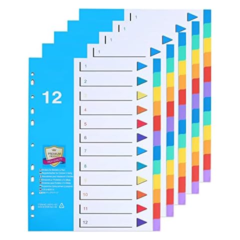 DONGLI A4 File Dividers 12 Part Index Dividers Number 1-12 Tabs(5 Pack)A4 Plastic Subject Dividers with Multipunched Reinforced Colour Number Tabs Cover