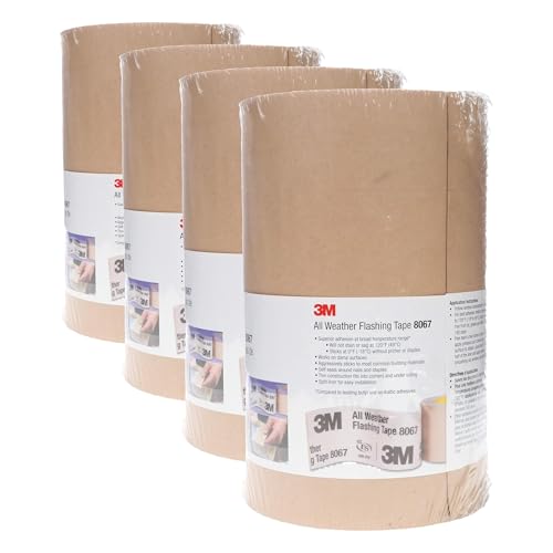 Image of 3M All Weather Flashing Tape 8067,9 in x 75 ft,1 Roll, Adhesive Backed Split Liner,Prevents Moisture Intrusion,Waterproof Flashing Seals Doors,Windows,Openings in Wood Frame Construction (Pack of 4)
