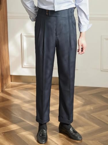 Men's Thin Retro Striped High Waist Pants Italian Style Breathable Wool Blend Straight Leg Casual Work Trousers3