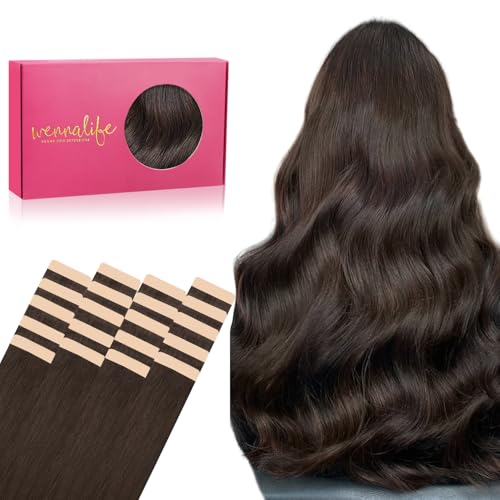 Image of WENNALIFE Tape in Hair Extensions Human Hair, 20pcs 50g 20 inch Light Dark Brown Remy Hair Extensions for Women Tape Ins Straight Extensiones De Cabello Humano Skin Weft