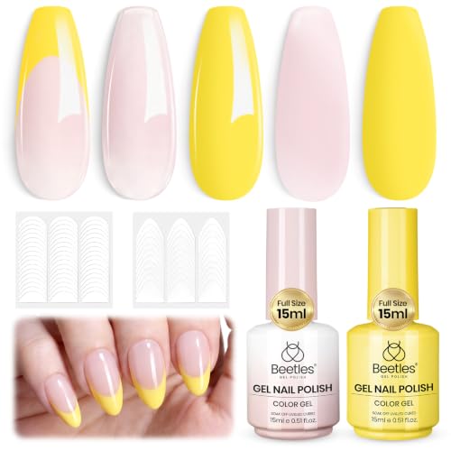 Image of Beetles French Gel Nail Polish Set, French Manicure Kit with Nude Yellow Gel Polish & 4 French Tip Nail Guide Stickers, Soak Off UV LED Gel Polish for DIY Sunshine French Nail Art