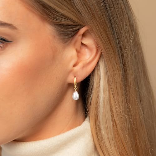 Gold Pearl Dangle Earrings for Women, 14K Gold Plated Small Pearl Drop Huggie Hoop Earrings, Hypoallergenic Dainty Gold Earrings Wedding Jewelry Gifts for Women Trendy4