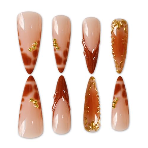 Image of Brown Press on Nails Medium Almond Fake Nails French Tip False Nail with Gold Design Ombre Glue on Nails Reusable Artificial Acrylic Full Cover Stick on Nail for Women Manicure 24Pcs