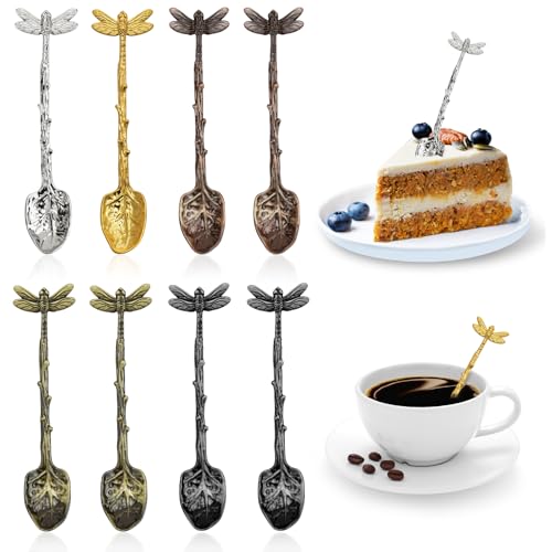 DIYJEP 8Pcs Retro Coffee Spoons, Creative Dragonfly Teaspoons, Stainless Steel Dessert Spoons Tableware, Long Handle Ice Cream Spoons Tea Spoon for Latte Espresso Yogurt Demitasse Honey Hot Drinks