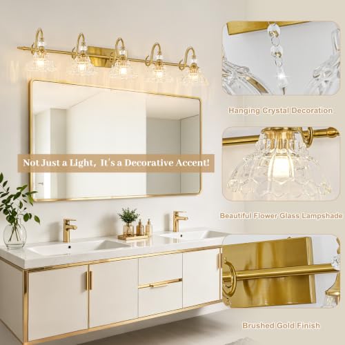 Image of Vintage Bathroom Vanity Light, 5-Light Brushed Gold Finish Wall Sconce with Hanging Crystal Accents and Flower-Shaped Clear Glass Shades, Retro Wall Mount Vanity Light Over Mirror for Bathroom
