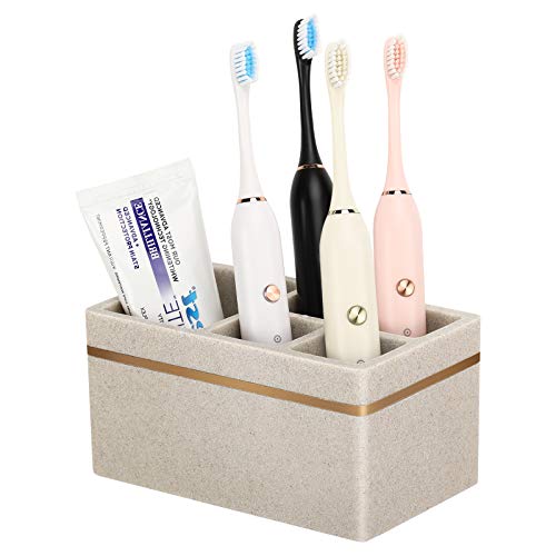 Shinowa Portacepillos de Dientes Organizador para Cepillo de Dientes Eléctrico con 5 Compartimentos, Soporte de Cepillo de Resina con Orificio de Drenaje para Lavabo, Inodoro, Tocador - Caqui Grava Cover