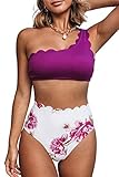 CUPSHE Women's Bikini Swimsuit High Waist Floral Print One Shoulder Two Piece Bathing Suit, XS Purple
