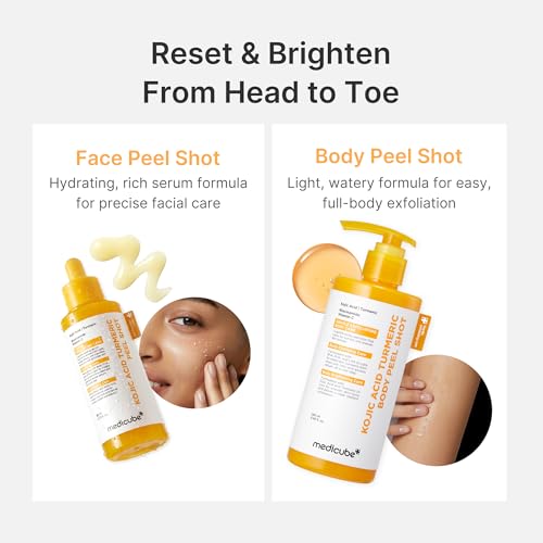 Image of medicube Body Peel Shot with Kojic Acid and Turmeric | Gentle Body Brightening & Exfoliating Serum with BHA, LHA & PHA for Dead Skin Cells, Uneven Looking Skin & Excess Sebum | 9.46 fl.oz (Pack of 2)
