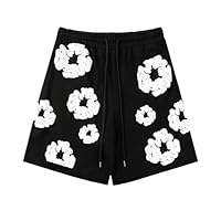 Herren DT T-Shirt und Shorts Set 2 Teiliges Sommer Trainingsanzug Jogginganzug,Y2K Hip Hop Kurzarm T-Shirts und Hose, Unisex 2-Teilig Outfit Sportanzug, 2025 Denim T Männer mit Blumen Schwarz M