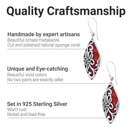 Red Coral Dangle Earrings for Women in 925 Sterling Silver - Dangling Drop Coral Earrings Handmade Birthstone Vintage Boho Jewelry Birthday Gifts for Women3