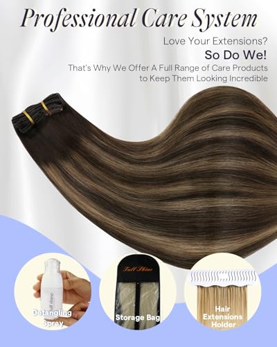 Image of Full Shine Dark Brown Clip in Hair Extensions, 18 Inch 135g 7Pcs | Balayage Dark Brown to Ash Brown Hair Extensions Clip ins, Thick Remy Hair, Full Head Look, Office to Weekend Styles