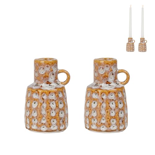 Ceramic Taper Candle Holder Decoration -Set of 2 Candlesticks with Handle Minimalist Style Candle Burning Display Holder for Coffee Table Centrepiece Table Living Room Cynkeyee