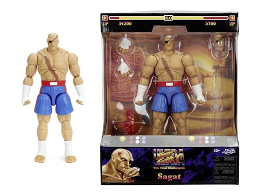 Jada Figura Street Fighter II Sagat 15 cm, Figura articulada de Combate con Accesorios Intercambiables, Coleccionable, A Partir de 13 años (253252050)