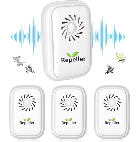 EGEYI Repelente Ultrasónico de Plagas,Repelente de ultrasonidos para Ratones,Repelente para Mosquitos,Repelente Eléctrico Extra Fuerte para arañas,Trampas para Ratones,cucarachas,chinchetas-4 Pack