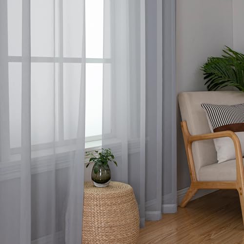 Image of Simplebrand Light Grey Sheer Curtains 90 Inches Long 2 Panels, Light Filtering Rod Pocket Solid Color Window Sheer Curtain Panels, Elegant Curtains & Drapes for Living Room, Bedroom, 42 inch W x 90 inch L