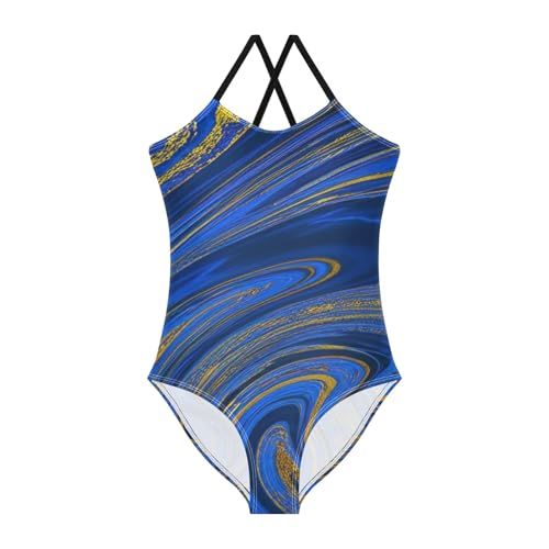 CHIFIGNO Blue Gold Abstract Marble One Piece Swimsuit Girls, Spaghetti Straps, Cross Back Design, Ages 3T