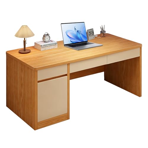 Escritorio de oficina con 3 cajones y 1 armario, escritorio de madera para computadora para oficina en casa y estudio, escritorio moderno multifuncional