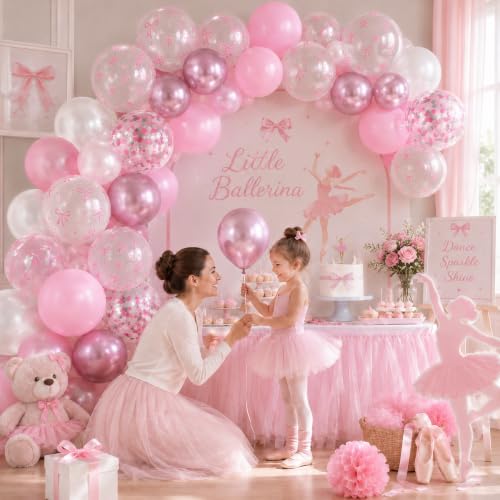 Image of Pink Bow Balloons, 60Pcs 12inch Girl Women Princess Birthday Party Balloons | Light Baby Pink Pearl White Balloons, Bow Printed Balloon Metallic Confetti Balloons for Baby Shower Bachelorette Party Decor