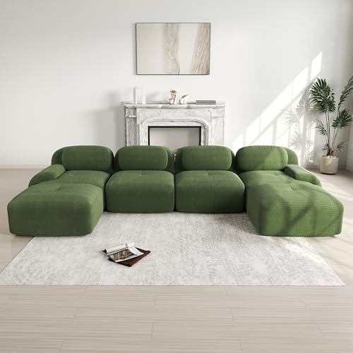 Sofá modular en U sin montaje, tela de pana transpirable, acolchado 32D de alta elasticidad, reposabrazos extra anchos, apto para mascotas y ergonómico para sala de estar y dormitorio (verde+4