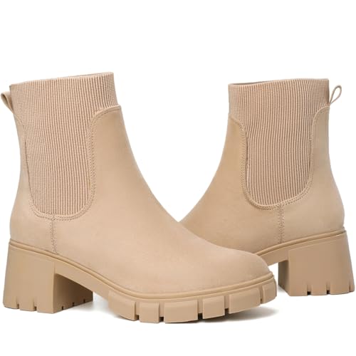 GOUPSKY Chelsea Boots for Women Lug Sole Slip On Ankle Booties Platform Mid Block Chunky Heeled Boot