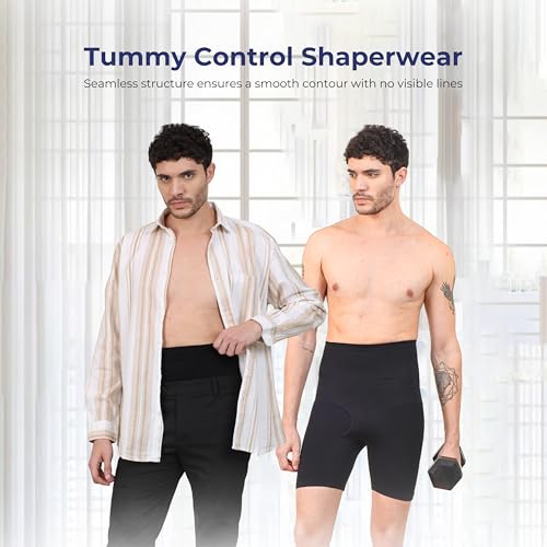 Image of High Compression Shorts for Men | Shapewear & Tummy Tucker Body Shaper with 4-Way Stretch Fabric, Anti-Roll Waistband | Slim Belly, Waist & Thighs - Invisible Under Jeans, Trousers, Kurtas