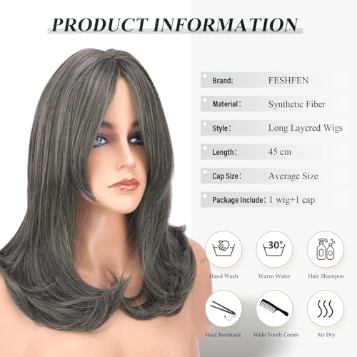 Image of FESHFEN Wigs with Bangs for Women, Synthetic Natural Looking Long Layered Straight Hair Wig for Women Daily Party Costume, 18 inch Steel Grey