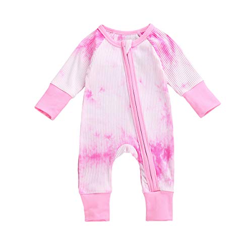 GuguBird Baby Girl Boy Ribbed Romper Long Sleeve Tie Dye Bodysuit Cotton One Piece Zipper Jumpsuits Pajamas Baby Clothes Fall Outfits (Rosey, 12-18 Months)