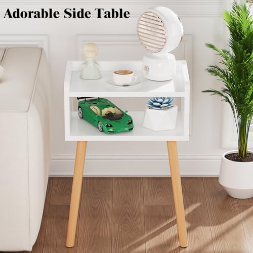 Image of LUCKNOCK Night Stand (White) Mid-Century Modern Bedside Table with Solid Wood Legs, Minimalist and Practical End Side Table.