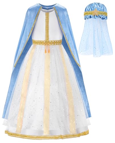 ReliBeauty Disfraz de Virgen Maria Navidad Niña 3-12 años con Mantillina de la Cabeza, Capa Larga, 130