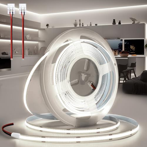 BRIMETI Zelf Adhesieve COB LED Strepen 24V LED Strip 5m Wit 6000K 320leds/m 8mm Breedte Flexibele IP20 Band Met Connector Licht Diy Bar voor, TV Slaapkamer Verlichting (Zonder Voeding)