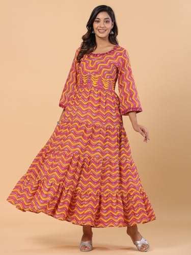 Image of SAVI Women's Pink Cotton Printed Tiered Maxi Dress | Round Neck | 3 /4 Sleeves | Gathered Waist | Flared Long Dress | Casual & Ethnic Wear