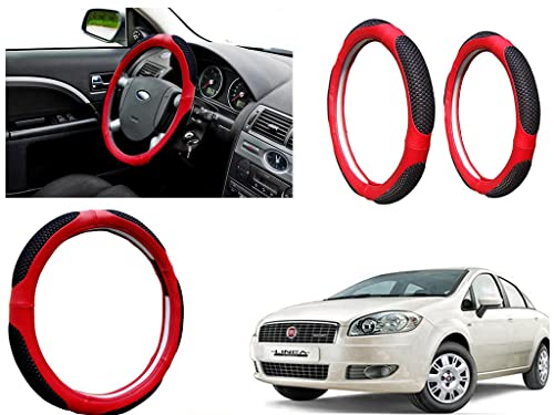 Image of Microfiber Car Steering Wheel Cover, Soft Padding Great Hand Feel, Anti-Slip, Faux Leather Steering Cover for Fiat Linea Classic | Black Red Jali - Pack of 1