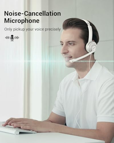 Image of HW02 USB Headset with Microphone Noise Cancelling & in-line Control, Super Light, Ultra Comfort On-Ear Wired Office Call Center Headset for Boom Skype Webinars (White)