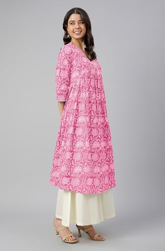 Image of Janasya Women's Pure Cotton Floral Printed Flared Kurta