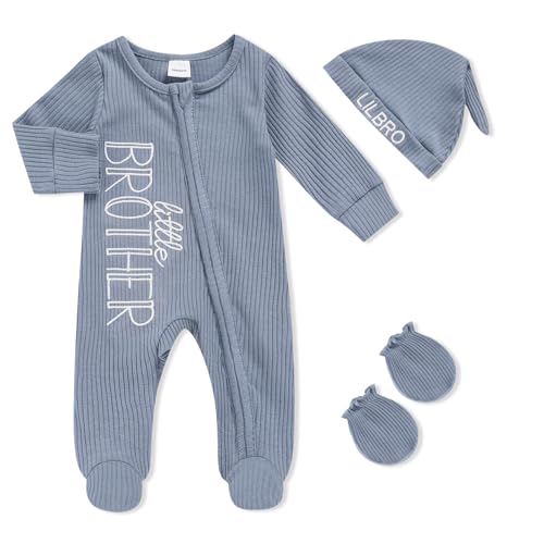 Newborn Baby Boy Fall Winter Outfits Zippered Romper Letter Embroidered Coming Home Jumpsuit with Hat Mittens